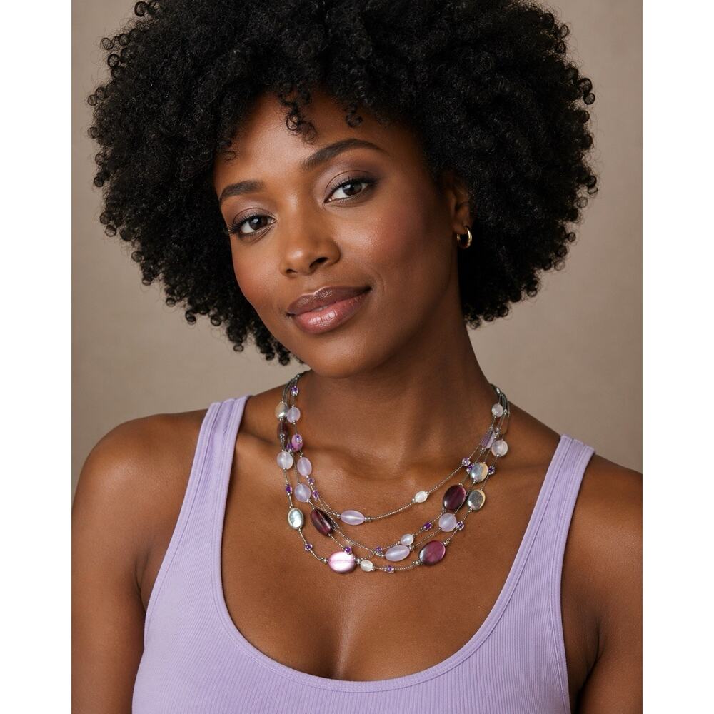 Charming Charlie Necklace 2 Strand Long silver purple lilac beads- 35"